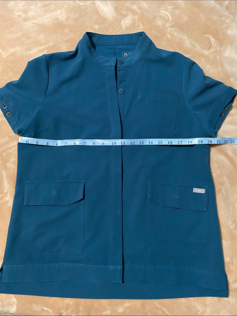Figs Caribbean Blue Button-Front Mandarin Collar Scrubs Top Sz S
